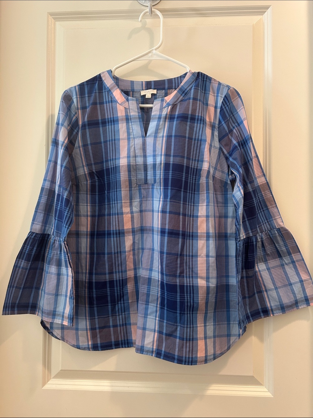Talbots Petites Plaid Bell-Sleeve Blouse Banded Collar cotton size PS Blue/Pink